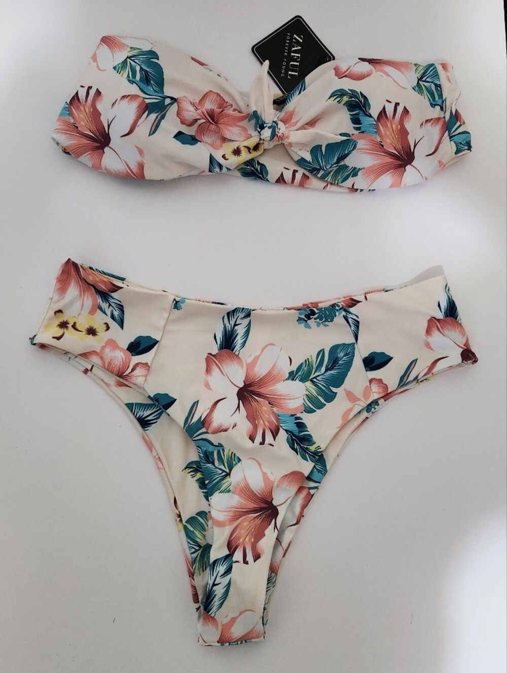 Zaful Tropical Print Boho Hi-Cut Bikini 2 Pc SwimSuit strapless Large B02-0195